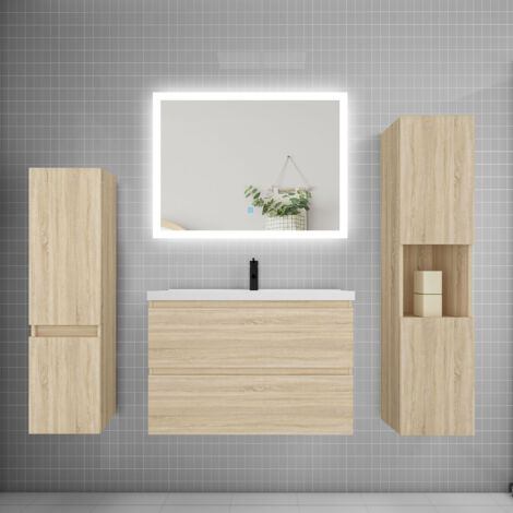 Ensemble meuble de salle de bains 80cm, simple vasque et colonne et LED miroir rectangulaire,chêne (1/5)
