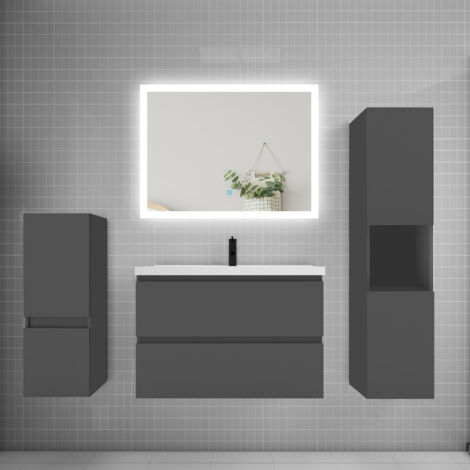 Ensemble meuble de salle de bain 80cm, simple vasque + colonne + LED miroir rectangulaire,anthracite (1/5)