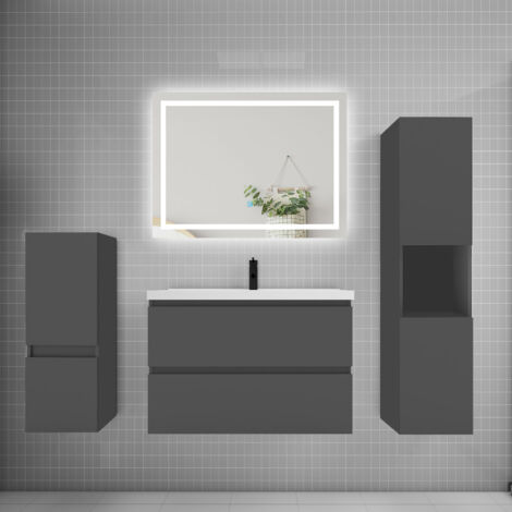 Ensemble meuble de salle de bain 80cm, vasque + colonne + LED miroir,anthracite (1/5)