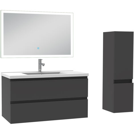 Ensemble meuble de salle de bain 100cm, vasque céramique + colonne + miroir lumineux, anthracite (1/5)
