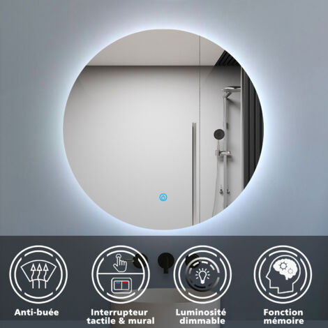 Biubiubath Miroir de salle de bain LED 600 x 500 cm avec capteur anti-buée et fixation murale à économie d'énergie 6000 K Blanc froid LED IP44
