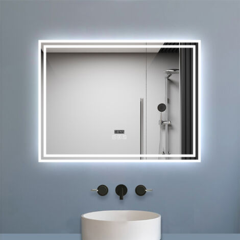 Biubiubath Miroir de salle de bain Bluetooth 80x60 cm, tricolore + horloge + mémoire + dimmable + anti-buée, IP44 Miroir LED (1/5)