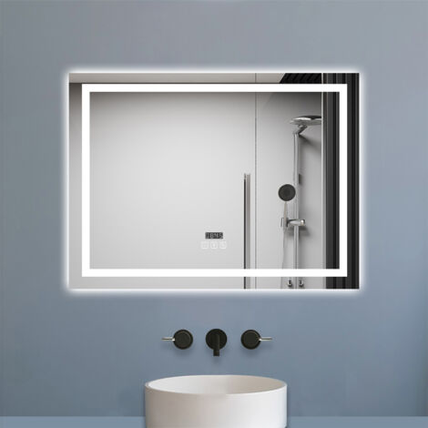 Biubiubath Miroir de salle de bain LED Bluetooth 80x60 cm, tricolore + horloge + mémoire + dimmable + anti-buée