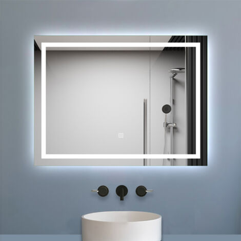 Biubiubath Miroir Salle de Bain 80x60cm Dimmable avec 3 couleurs,Miroir lumineux avec Fonction Anti-Buée et Fonction Mémoire