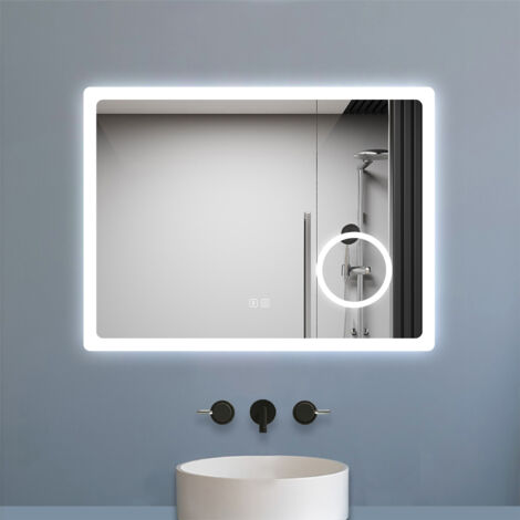 AICA Miroir De Salle De Bain LED Avec Bluetooth 80 X 60cm, Miroir Salle De Bain Avec Horloge 3 Couleurs Dimmable Anti-buée, Miroir Avec Interrupteur Tactile Étanche IP44 - 8