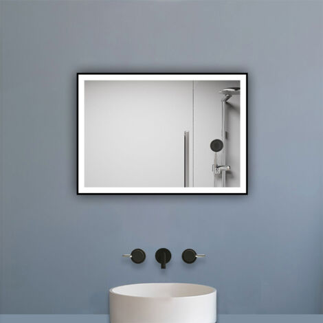 Biubiubath Miroir Salle de Bain 70x50cm Dimmable, 3 Couleurs, Anti-buée, Mémoire, Cadre noir mat, IP44 HD Verre Miroir-Mural (1/5)