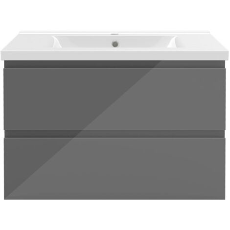 Biubiubath Ensemble de meubles de salle de bain 80 cm avec vasque, 2 tiroirs à fermeture amortie - meuble suspendu , Brillance, Anthracite (1/5)
