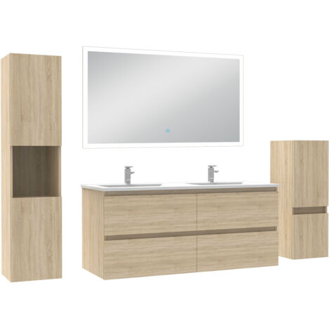 Biubiubath Ensemble de meubles de salle de bain 120cm avec double vasque et colonne et miroir lumineux 3 couleurs + Dimmable Chêne Wotan (1/5)