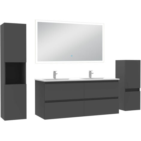 Biubiubath Ensemble de meubles de salle de bain 120cm avec double vasque et colonne et miroir led 3 couleurs + Dimmable Anthracite (1/5)