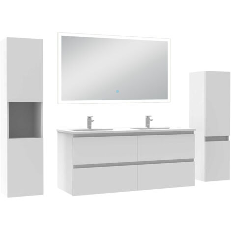 Biubiubath Ensemble de meubles de salle de bain 120cm double vasque avec colonne et miroir lumineux dimmable blanc (1/5)