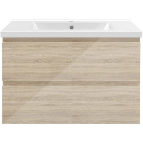 Biubiubath Ensemble de meubles de salle de bain 80 cm avec vasque, 2 tiroirs à fermeture amortie - meuble suspendu , Brillance, Chêne (1/5)