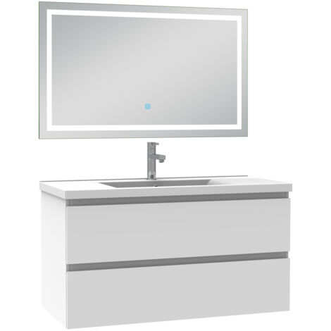 Biubiubath Ensemble meuble Salle de Bain 100cm Blanc simple Vasque, avec Miroir Lumineux 3 Couleurs + Dimmable (1/5)