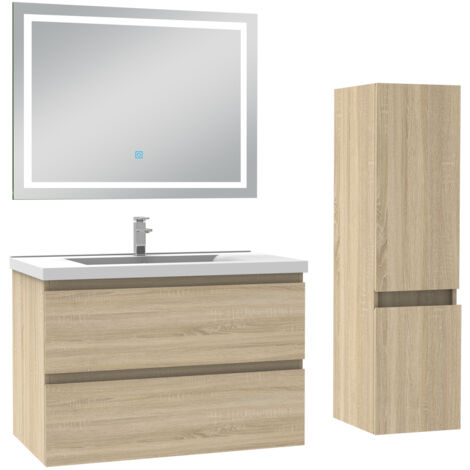 Biubiubath Ensemble meuble Salle de Bain 80cm simple vasque avec Colonne et Miroir LED 3 Couleurs Chêne Naturel (1/5)