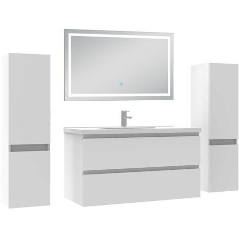 Biubiubath Ensemble meubles Salle de Bain 100cm avec Colonne + Miroir Lumineux +3 Couleurs, Blanc (1/5)