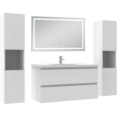 Biubiubath Ensemble meubles Salle de Bain 100cm avec Colonne + Miroir Lumineux 3 Couleurs et Dimmable Blanc (1/5)