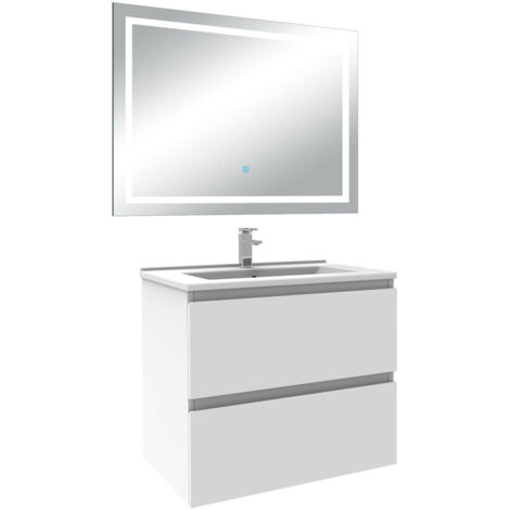 Biubiubath Ensemble meuble Salle de Bain 60cm Blanc simple Vasque, avec Miroir Lumineux 3 Couleurs + Dimmable (1/5)