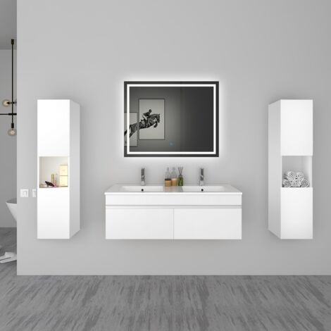 Biubiubath Ensemble meuble Salle de Bain vasque L.120cm Blanc 2 Portes + 2 Colonne + Miroir LED 100 x 80 cm (1/5)