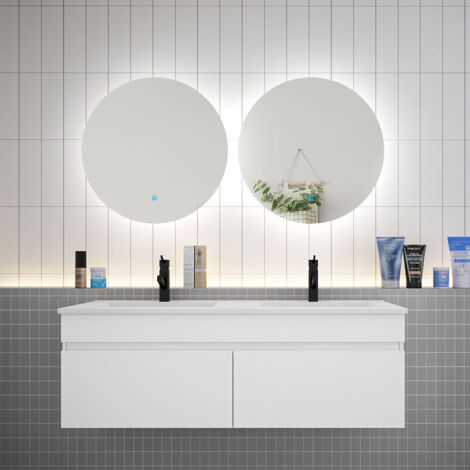 Biubiubath Ensemble meuble Salle de Bain vasque L.120cm + 2 x Miroir LED Rond 60cm,Blanc (1/5)