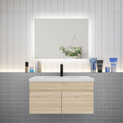 Biubiubath Ensemble meuble Salle de Bain Chêne avec vasque L.80cm + Miroir LED 80x60cm (1/5)