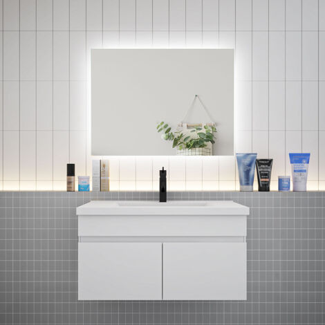 Biubiubath Ensemble meuble Salle de Bain Blanc avec vasque L.80cm + Miroir LED Tricolore + Dimmable 80x60cm (1/5)
