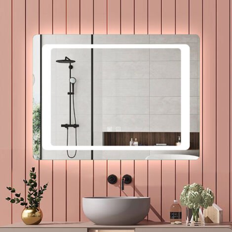 Biubiubath Miroir de salle de bain 90x70cm LED, Dimmable et Mémoire et Anti-Buée, CE IP44, Miroir Lumineux (1/5)