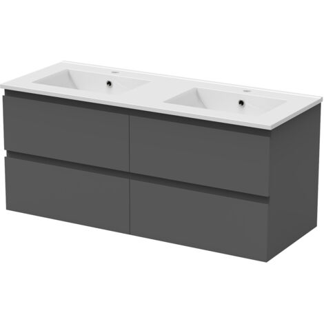 Biubiubath – Meuble bas de salle de bain suspendu anthracite 120cm – 4 tiroirs – Panneau composite – Montage facile avec vis et fixations