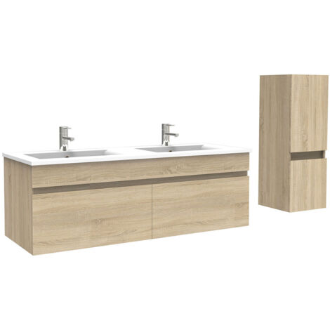 Biubiubath Ensemble de meuble Salle de Bain 120cm Chêne avec colonne et vasque ceramique (1/5)
