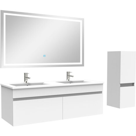Biubiubath Ensemble de meuble Salle de Bain 120cm Blanc + vasque + miroir lumineux + colonne (1/5)