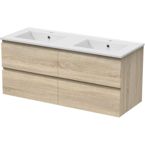 Biubiubath – Ensemble de meubles de salle de bain suspendu en chêne 120cm – 4 tiroirs – Montage facile avec vis et fixations – Dimensions 120x46x52cm