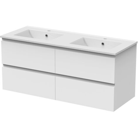 Biubiubath – Meuble bas de salle de bain suspendu blanc 120cm – 4 tiroirs – Panneau composite – Montage facile avec vis et fixations incluses