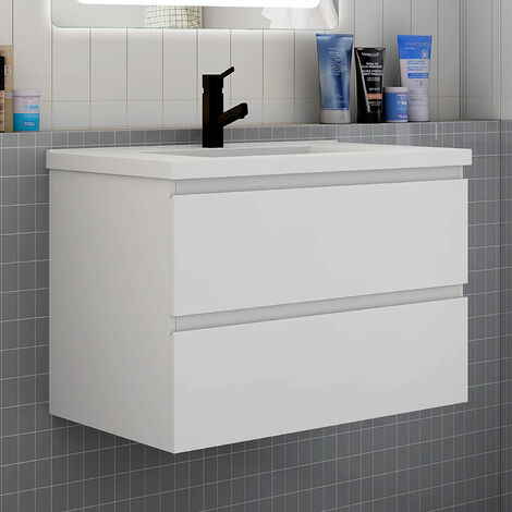 Biubiubath – Meuble de salle de bain suspendu 80 cm – 2 tiroirs à fermeture douce – MDF blanc – Dimensions 79x44,5x52 cm – Lavabo inclus 80,5 cm