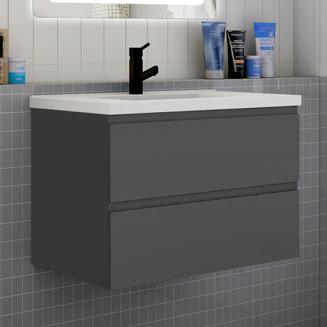 Biubiubath – Meuble de salle de bain suspendu avec vasque 2 tiroirs fermeture amortie – MDF anthracite – Dimensions 80x46,5cm – Optimise l'espace
