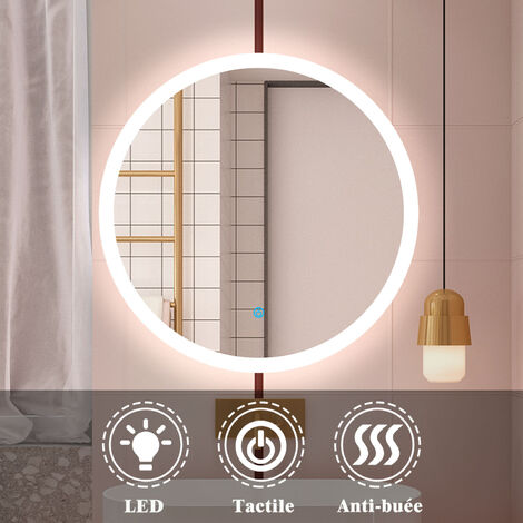 Biubiubath – Miroir lumineux de salle de bain Ø60 cm – Lumière blanche froide 6000K – Tactile et anti-buée – IP44 pour pièces humides