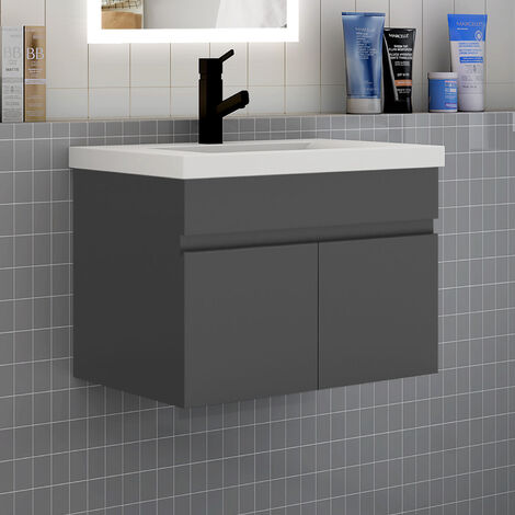 Meuble de salle de bain 60 cm avec vasque suspendu 2 portes meuble de salle de bain anthracite
