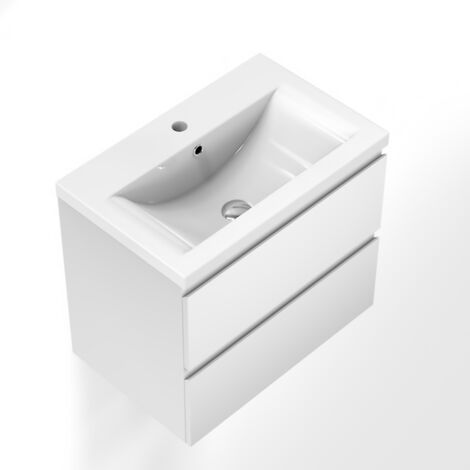Meuble de salle de bain avec vasque, 50 cm 2 tiroirs à fermeture amortie blanc, meuble suspendu (1/5)