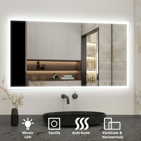 Biubiubath – Miroir lumineux de salle de bain 120x70cm – Illumination LED intégrée – Fonction anti-buée – Blanc froid 6000K - 120cmx70cm