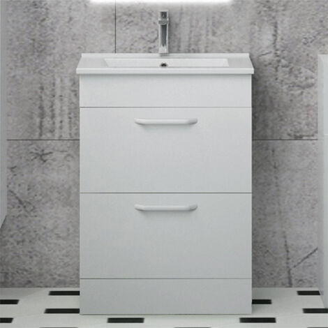Meuble de salle de bain sur le sol meuble blanc avec 2 tiroirs 60cm (1/5)