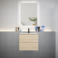 Meuble de salle de bain à deux tiroirs avec lavabo et miroir LED antibuée - chêne L.60cm suspendu
