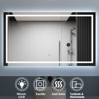 Acezanble – Miroir lumineux de salle de bain 120 x 80 cm – Éclairage LED anti-buée – IP44 – Interrupteur tactile – Montage vertical/horizontal