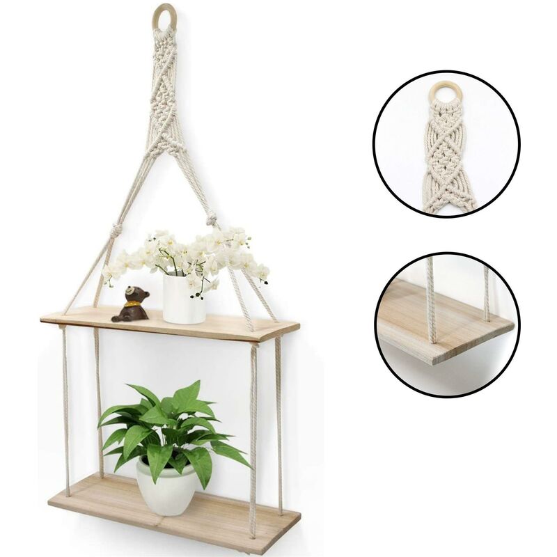 2 Tier Macrame Beading Wall Hanging Shelves Wooden Hanging Storage