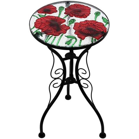 Iron / Glass Round Mosaic Design Side Table Garden Outdoor Patio Flower Plant Stand (Poppies)