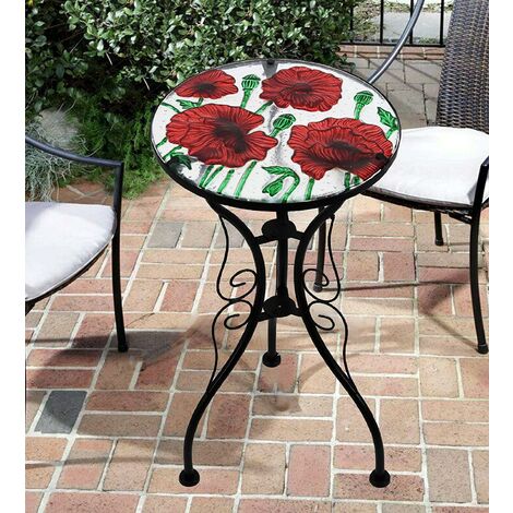 Iron / Glass Round Mosaic Design Side Table Garden Outdoor Patio Flower Plant Stand (Poppies)