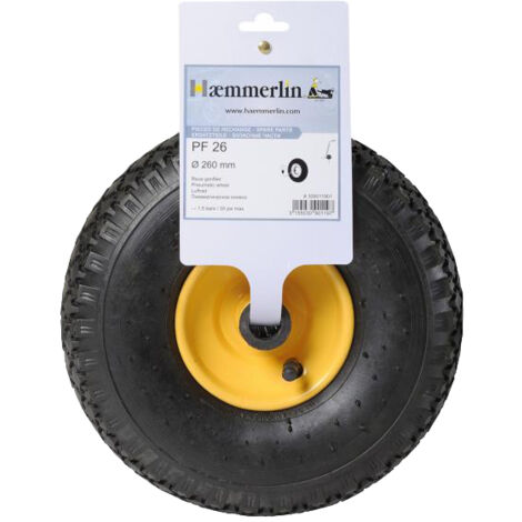 Roue de brouette gonflée 260mm – Roulements à rouleaux – Jante métal flasque – Compatible diables et chariots Haemmerlin – 309011901 (1/4)
