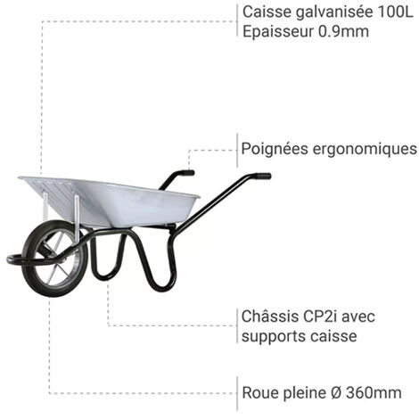 Brouette Haemmerlin Aktiv Premium galvanisée roue pleine 100 L-305010205
