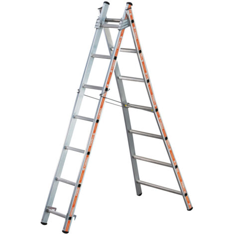 Tubesca Comabi – Échelle articulée transformable 2 plans 3,80 m – 2 x 8 marches – Aluminium avec base évasée – Utilisation sécurisée sur sol plat