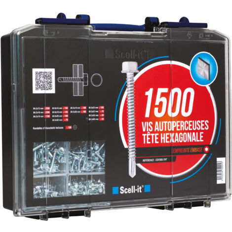 Scell-It – Coffret de 1500 vis autoperceuses tête hexagonale – Acier zingué – Ø4,2 à Ø6,3 mm – 1425 vis et 180 rondelles - COF005-THT (1/4)