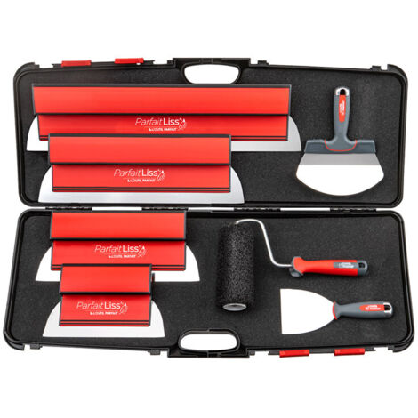 L'Outil Parfait – Couteau à enduire kit 7 pièces – 4 lames 25/35/45/60 cm + stucateur 19 cm + couteau 10 cm – Poignée ergonomique – Lissage homogène (1/3)