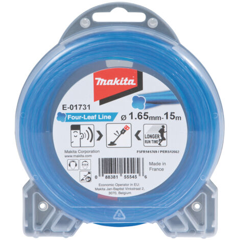Makita – Fil de rechange E01731 pour coupe-bordure 1,65 mm x 15 m – Coupe nette pour herbes hautes et faibles – Technologie Four-Leaf