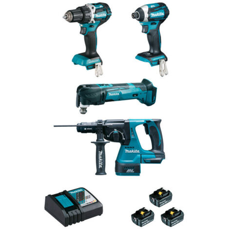 Makita – Pack de 4 outils électroportatifs 18V – Perceuse-visseuse, visseuse à chocs, perforateur, découpeur-ponceur – 3 batteries 5Ah – DLX4109TJ (1/5)