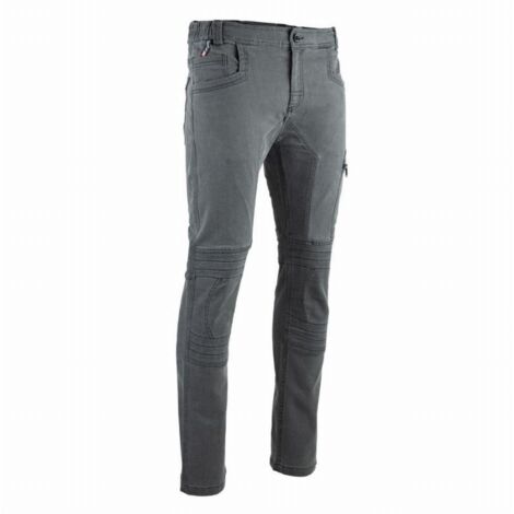 Facom – Jean denim stretch gris taille 44 – Tissu 75% coton, 23% polyester, 2% élasthanne – Renforts matelassés aux genoux – Poche cuisse zippée